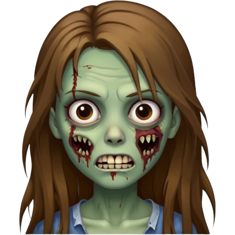 Girl zombie with brown long hair with teeth and serious face IOS style emoji