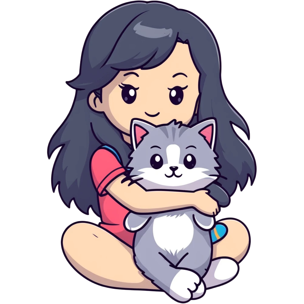 Girl with long black hair hugging a gray fluffy plush toy and a tricolor Maine Coon cat emoji