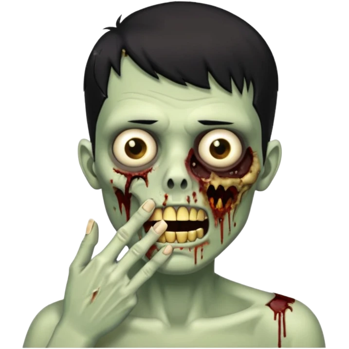 faça um homem zumbi, de cabelo baixo mostrando o dente de ouro, com a mão na boca emoji