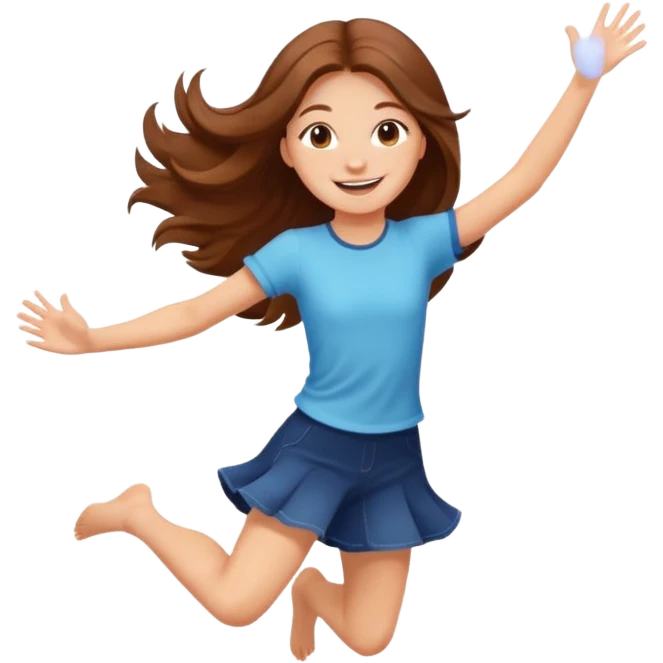 Girl with long brown hair happy jumping in the air with sunbeams in the background  emoji