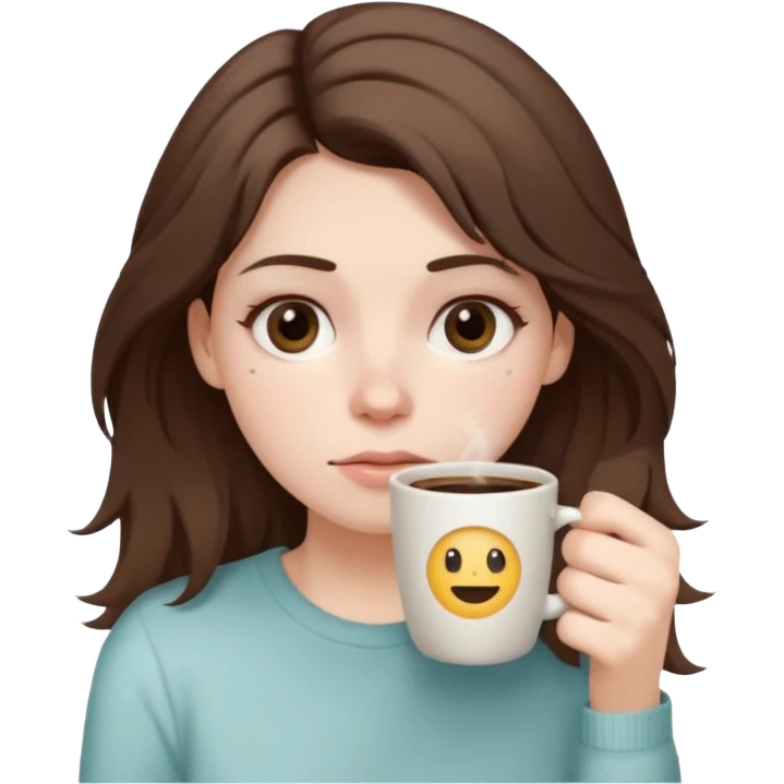 tired woman with dark circles under eyes holding a coffee cup, messy hair, soft pastel emoji style, calm neutral background emoji