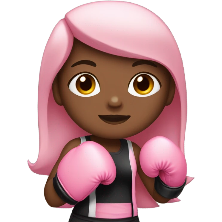 Girl with a little dark skin with long, straight brown hair with brown eyes and long eyelashes, with pink boxing gloves with a black top and black pants emoji