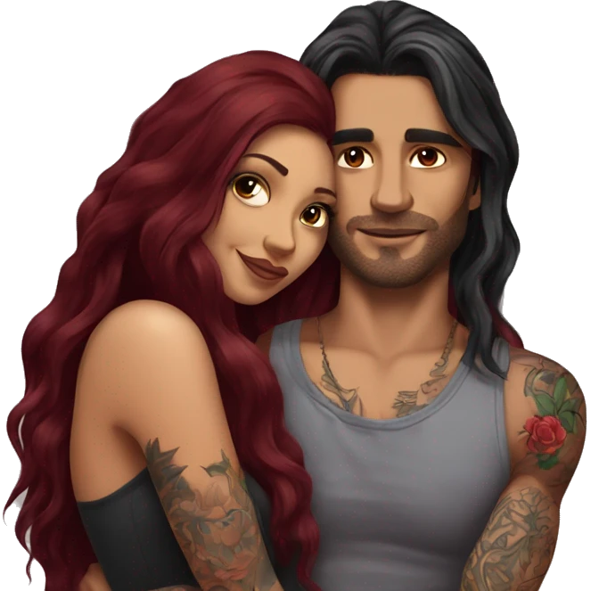 Beautiful tattooed burgundy long haired woman laying on her boyfriends chest emoji
