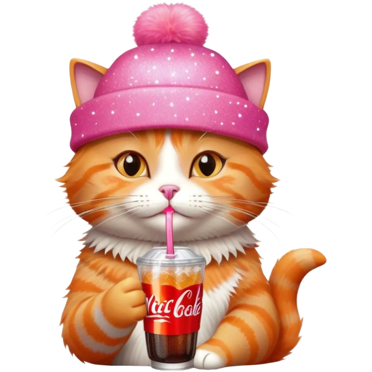 cat drinking a diet coke from mcdonald’s with a pink sparkly hat on emoji