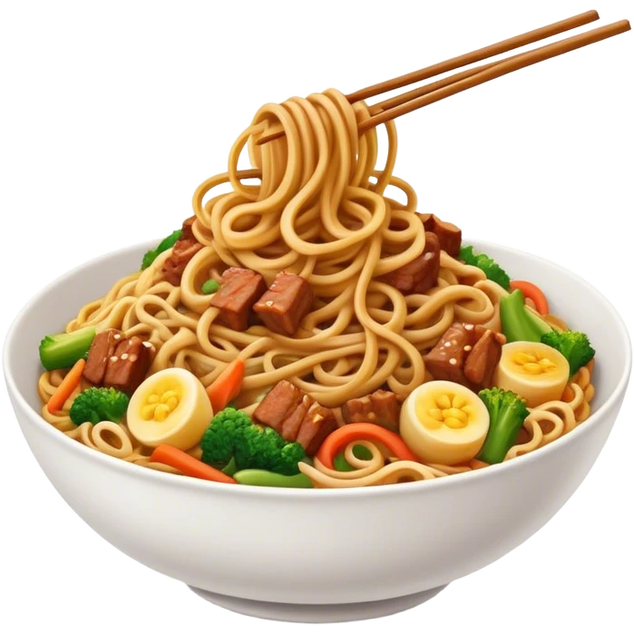 Cinematic Realistic Mie Goreng Dish Emoji, featuring stir‚Äêfried noodles with vegetables and meat rendered with dynamic textures and warm, appetizing lighting. emoji