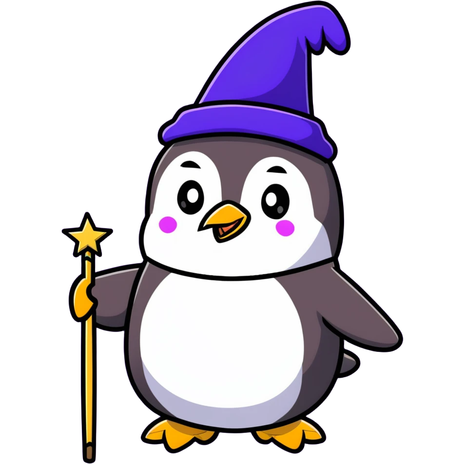 cartoon penguin wizard with a starry hat and magic wand, vibrant colors emoji