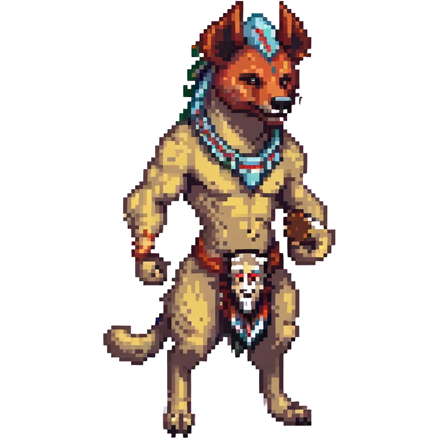 A native strong buff hyena with war bonnet flexing posing full body holding a chopped off human head by the hair  emoji