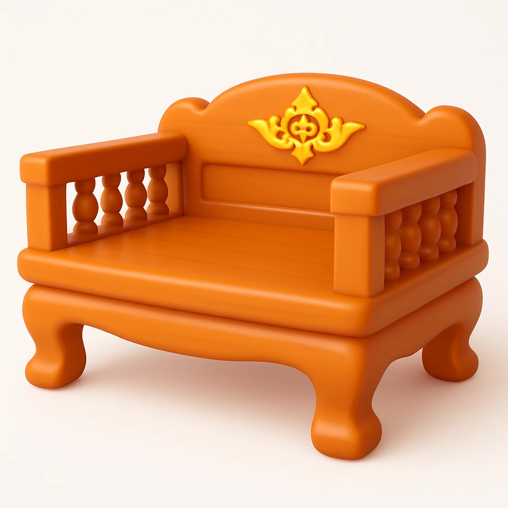 Transform the wooden bed with Thai art style ornate details and overall shape into a smooth, rounded, and playful 3D emoji style. Maintain the intricate details while adapting it to a colorful and friendly 3D emoji look. emoji