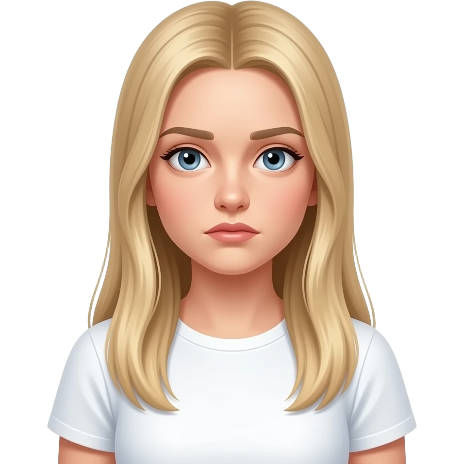 bella ragazza russa bionda capelli lisci lunghi e occhi chiari, con maglietta bianca e espressione annoiata emoji