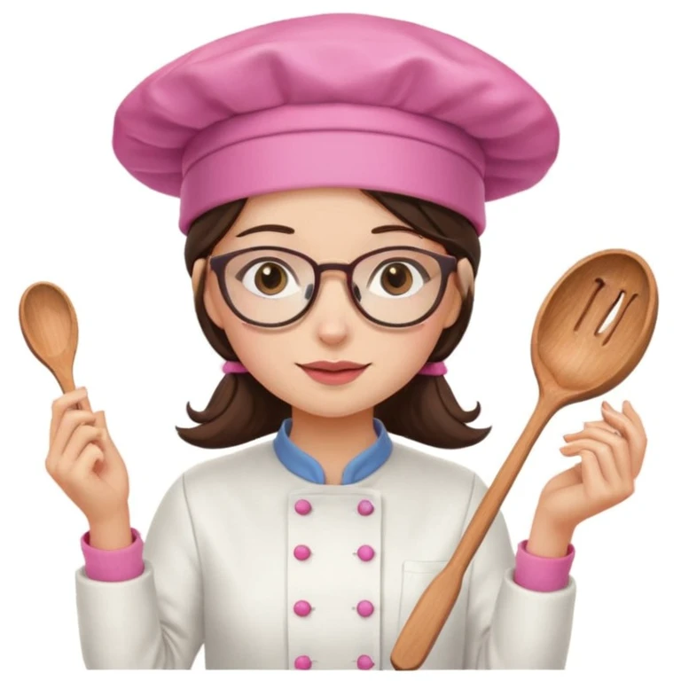brunette girl with glasses and a pink kitchen hat cooking emoji