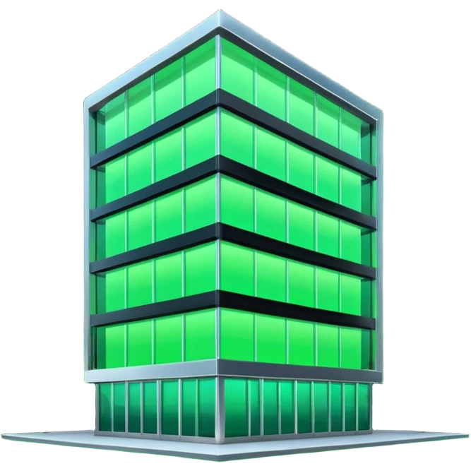 modern office building with neon green glow emoji