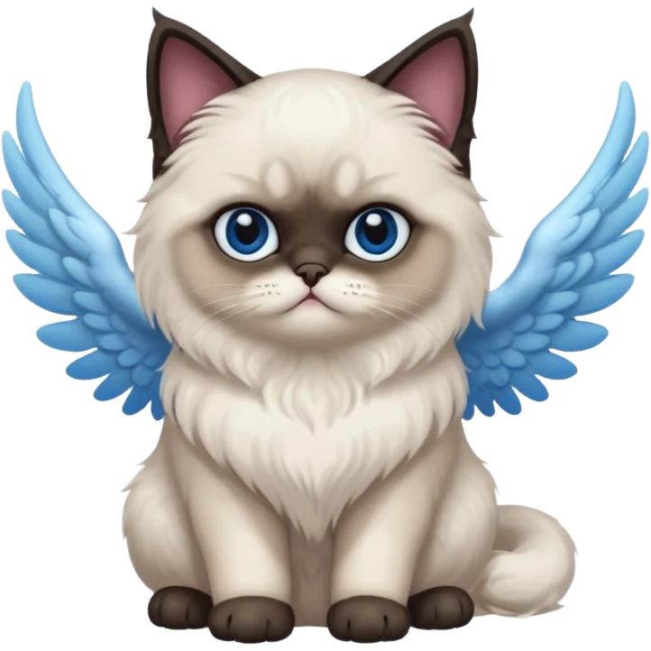 A Himalayan cat with a dark face, dark paws, blue eyes, and angel wings emoji