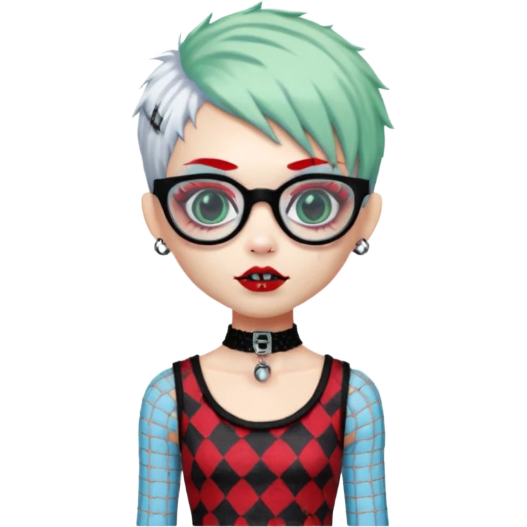 White hair, Ghoulia yelps monster high doll in scene/emo style cherry print dress with fishnet sleeves, clothes, thin, small, red, rectangle glasses, pale white-blue skin, pale-green shaggy pixie-cut , zombie scars , boy, punk choker emoji