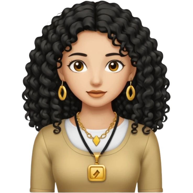 A tan girl with long black  curly hair, a gold necklace, and a square neckline shirt emoji
