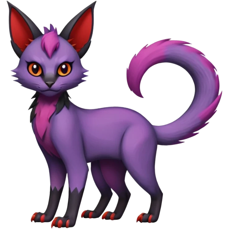 Black edgy Noivern-Noibat-Purloin-Torracat-Lykoi-Caracal-cat-Fakemon-fusion-hybrid-creature with violet and red scale markings emoji