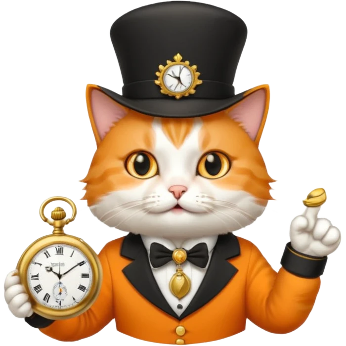 cat pointing at a pocket watch wearing a hat emoji