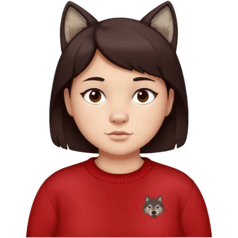make a girl that has a boyish wolf cut thats right above the shoulders, give her a red sweater that says “ About you, the 1975 “ and make her face just right chubby but slso not too chubby. ( make it a white background and make the hair dark brown and also the eyes dark brown ) emoji