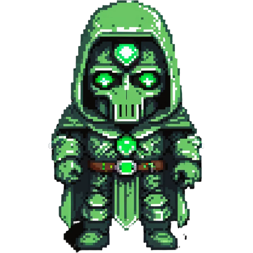 Doctor Doom standing menacingly with bright green glowing eyes emoji