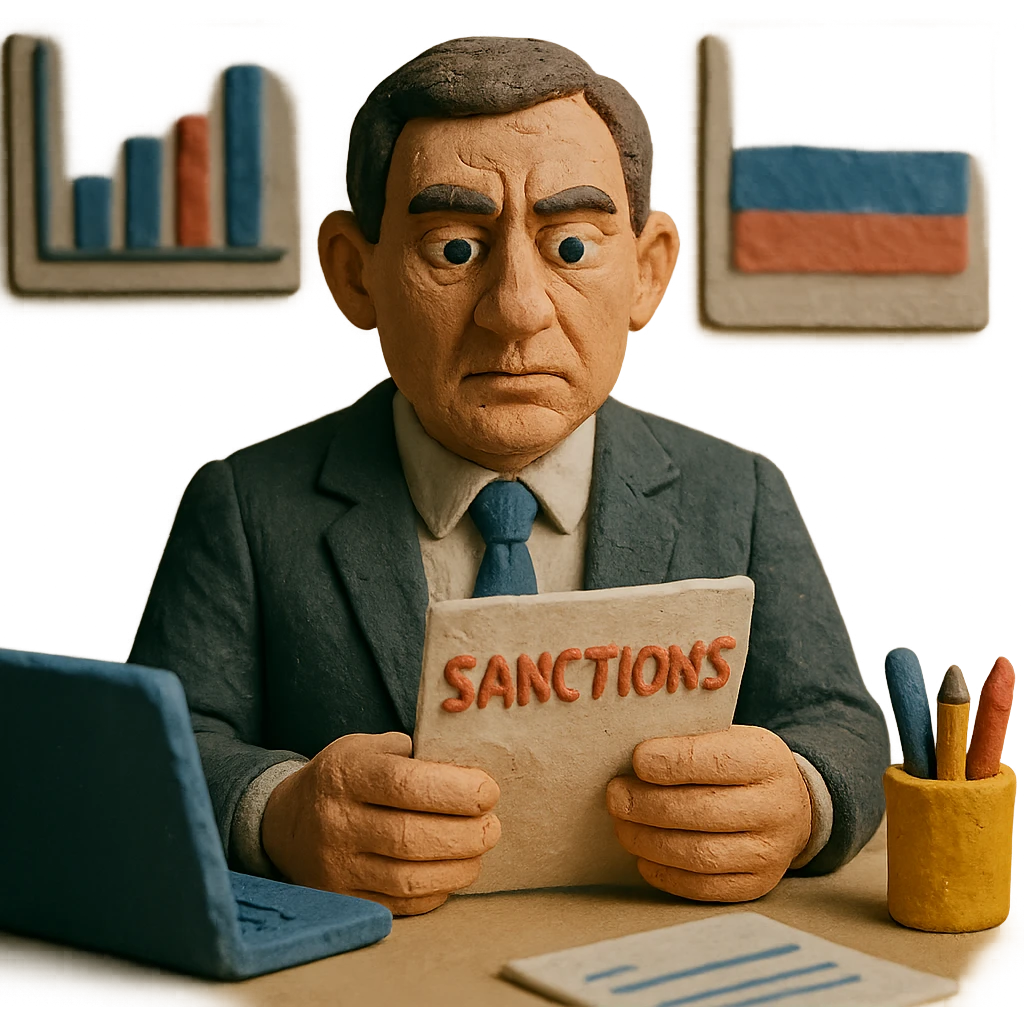 Russian Ministry of Finance employee dealing with sanctions, textured look, professional attire, focused expression, office environment with financial charts, subtle Russian flag emoji