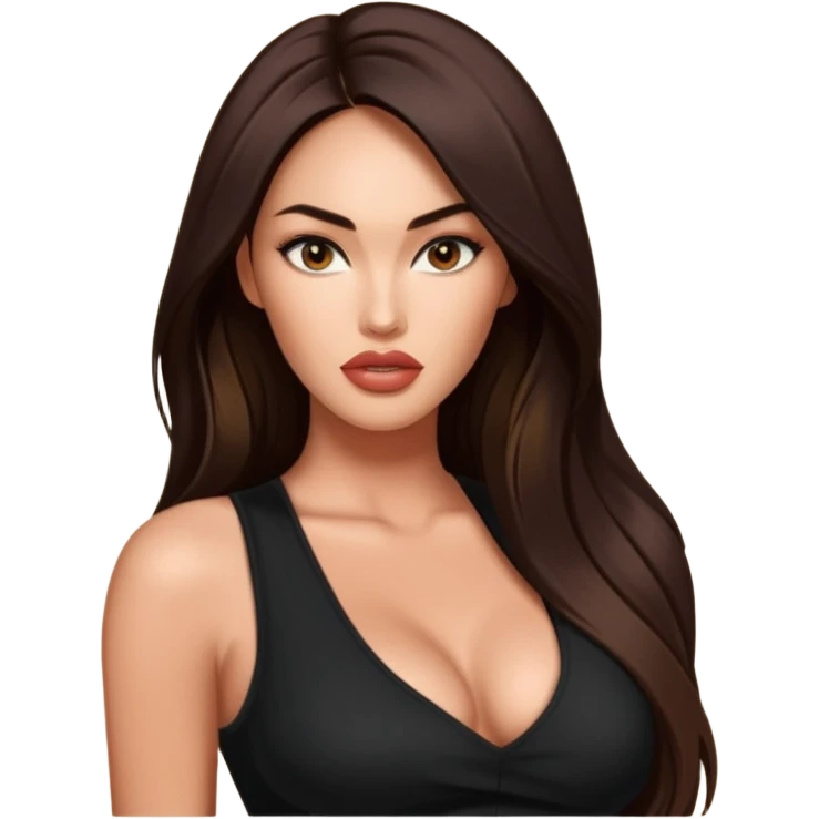 Megan fox, fashion model Beautiful woman model adult   large breasts  with monolid narrow dark brown eyes tan  skin, full lips  long hair model with black top   emoji