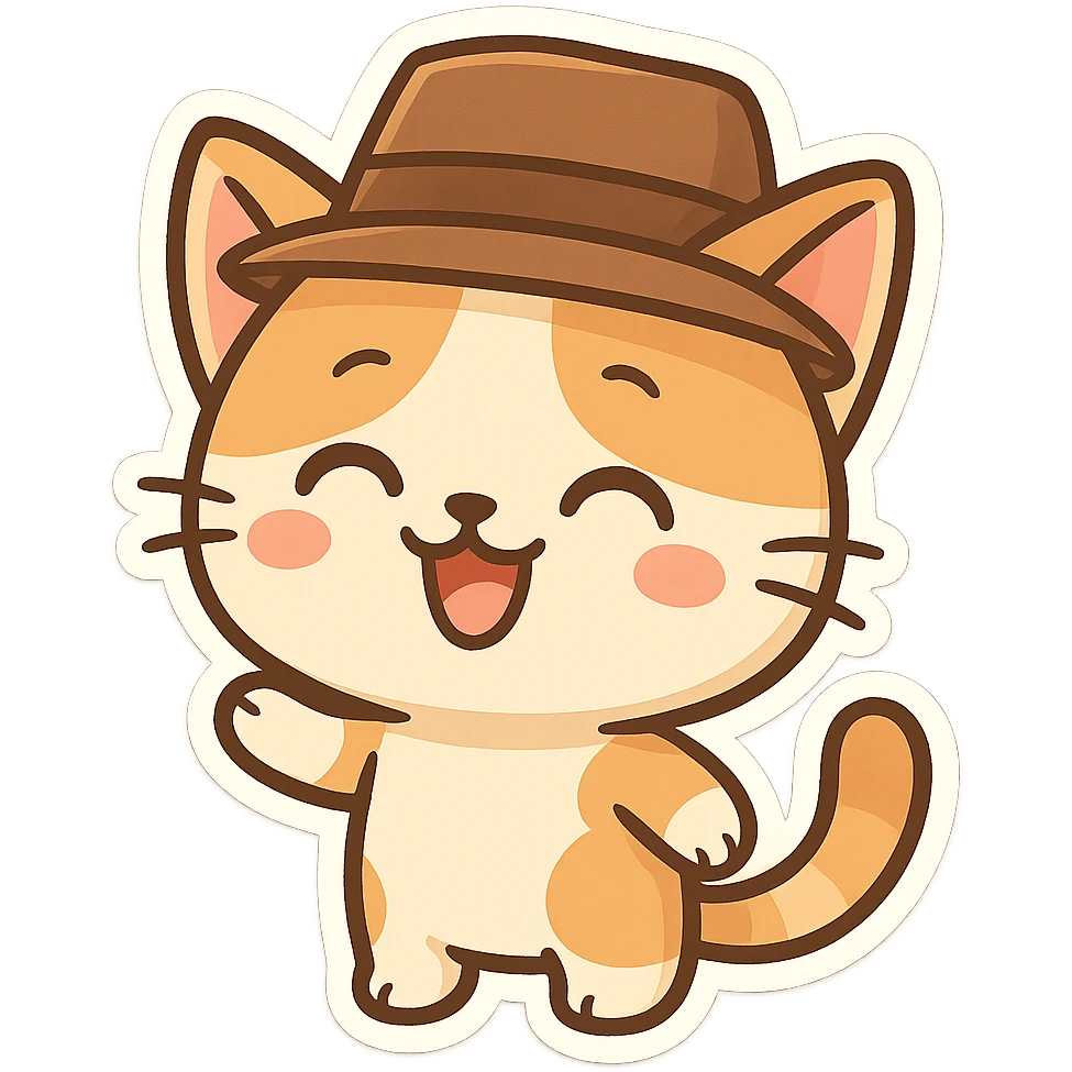 cartoon cat with a stylish hat, cheerful expression emoji