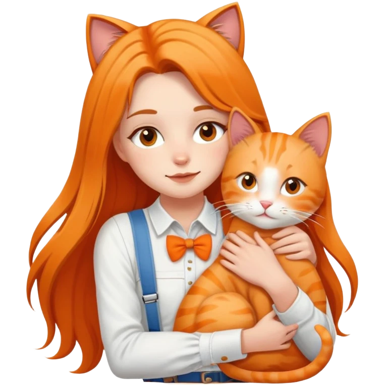 White girl - long hair - white suspenders - hugging - a orange cat emoji