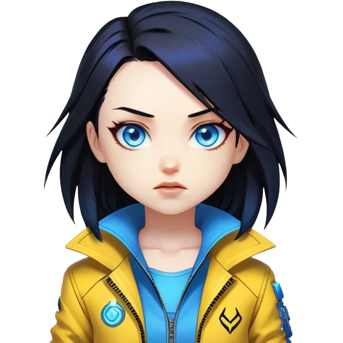 Long Black hair cyberpunk 2077 chibi girl with blazing blue eyes and yellow jacket from the animation show cyberpunk edge runners. All emotion reactions emoji