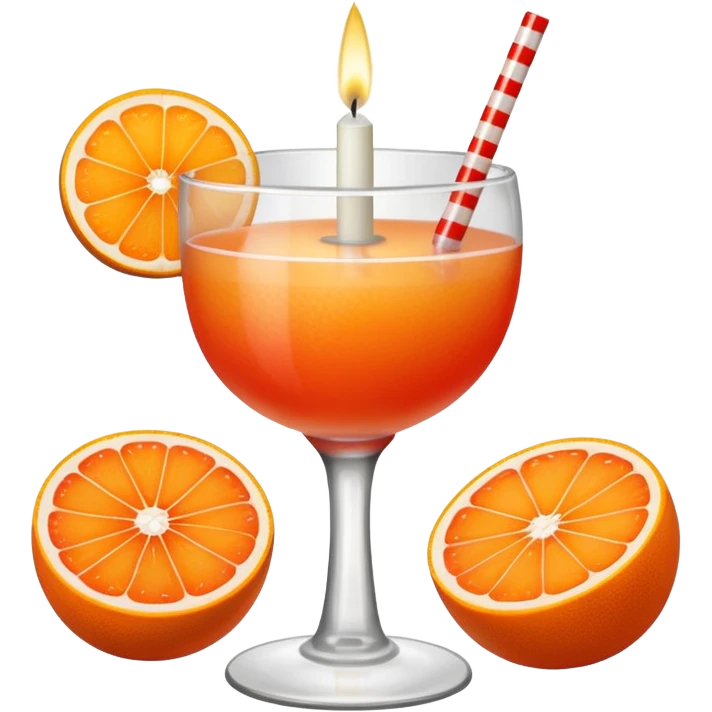 An orange grapefruit, with a horizontal red stripe around the middle. 4 vertical cocktail sticks in the orange with small pieces of candy on the sticks. On top of the orange a small white lit candle. emoji