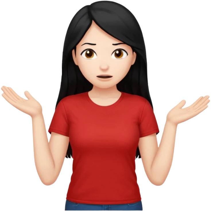 빨간색 티셔츠를 입고 긴 검정머리를 가진 여성이 모르겠다는 듯이 어깨를 올리고 고개를 살짝 왼쪽으로 틀고 왜?라는 제스처를 하고있음 🤷🏻‍♀️ emoji