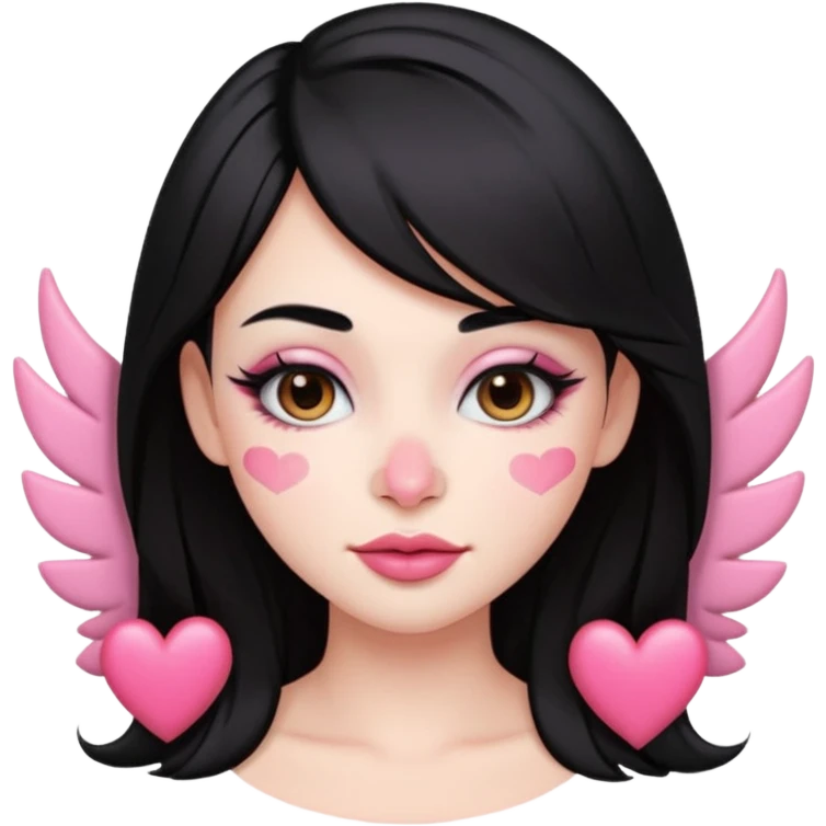 “Emoji girl, pastel pink streaks in black hair hair, bold winged eyeliner, heavy blush on cheeks and nose bridge, under-eye hearts, glossy pink lips, playful smirk.” emoji