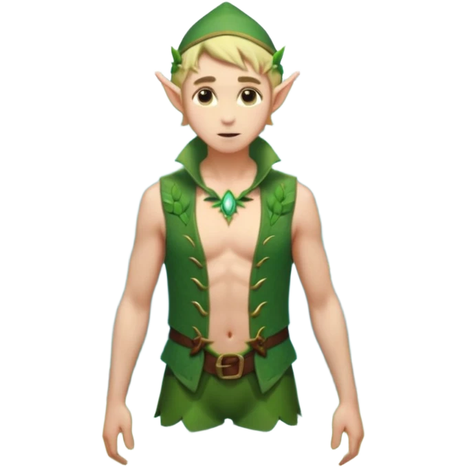 elf male wading in shallow tide pool, palm emitting soft green light to heal glowing coral, practical open vest over bare chest, determined gaze, pointy ears, vibrant underwater plants, centered emoji, nature guardian summer emoji