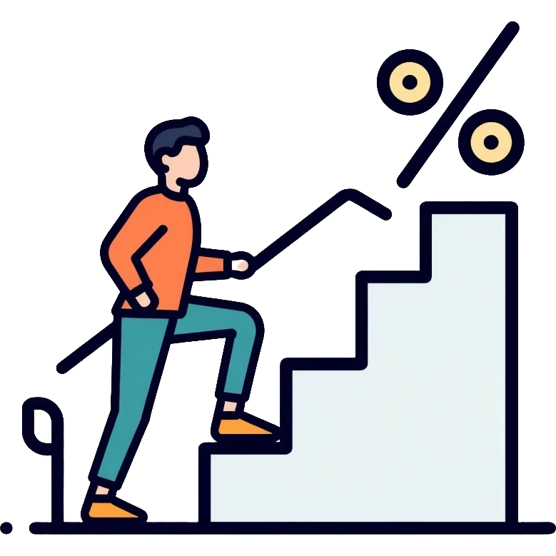 person climbing steps with increasing percentage signs emoji