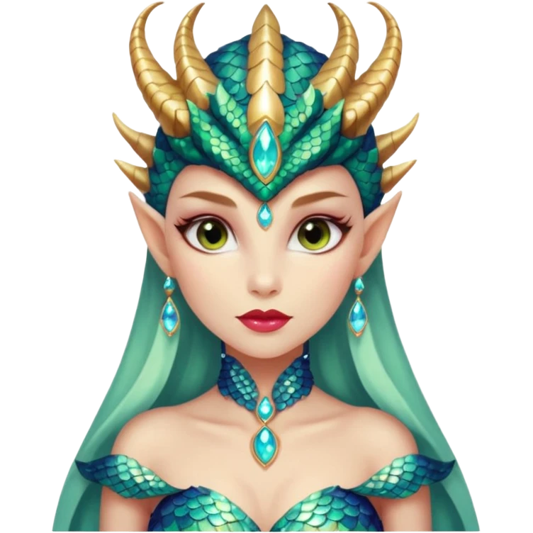 A gorgeous dragon woman with glittering jeweled scales covering her body and face. She has large almond shaped eyes, lush lips, and she wears a stunning luminescent gown. emoji