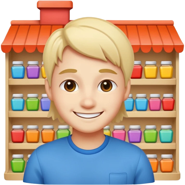  2D line-drawn character + small bright shop emoji