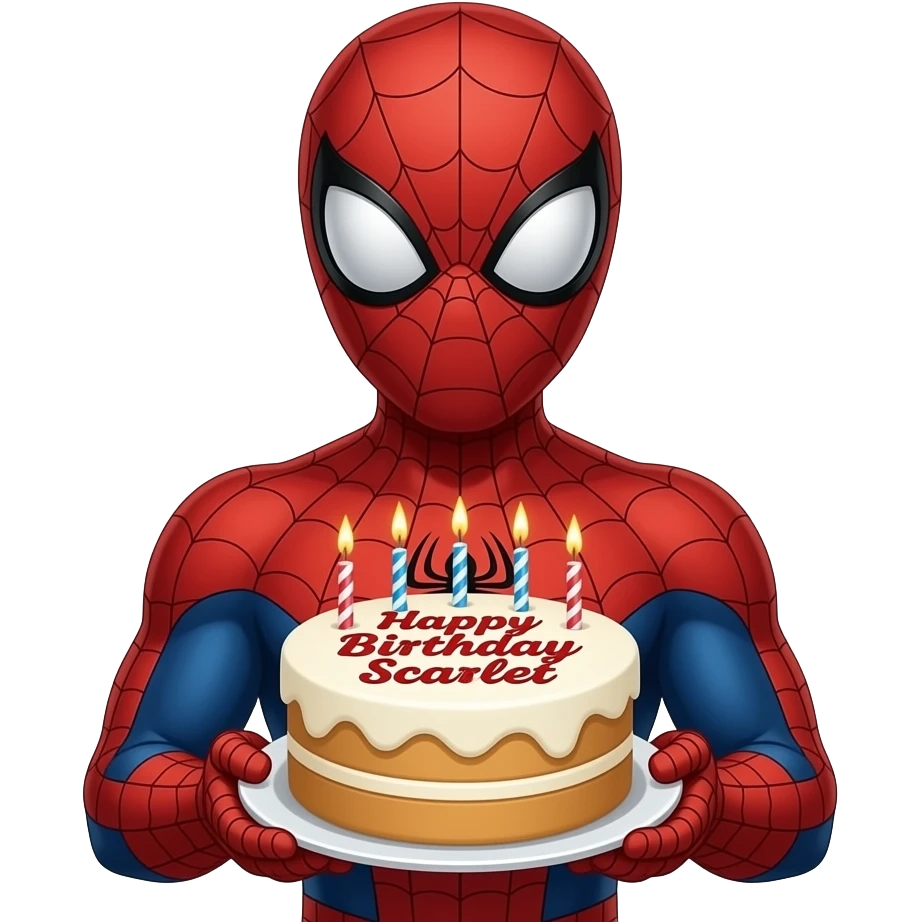 spiderman holding a birthday cake that has Happy Birthday Scarlet written on it emoji