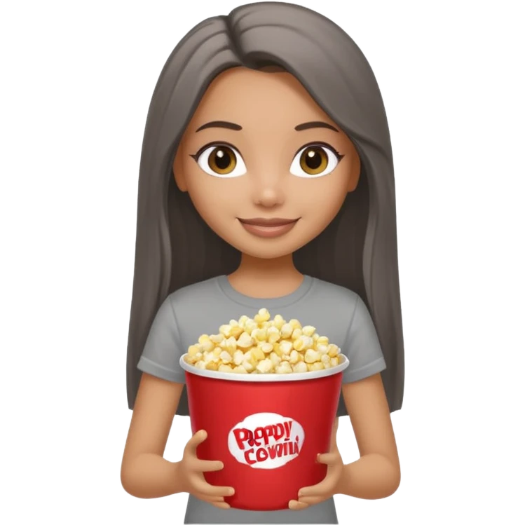 a pretty bratz dusky girl with long straight hair with popcorn nd wearing a grey tshirt emoji