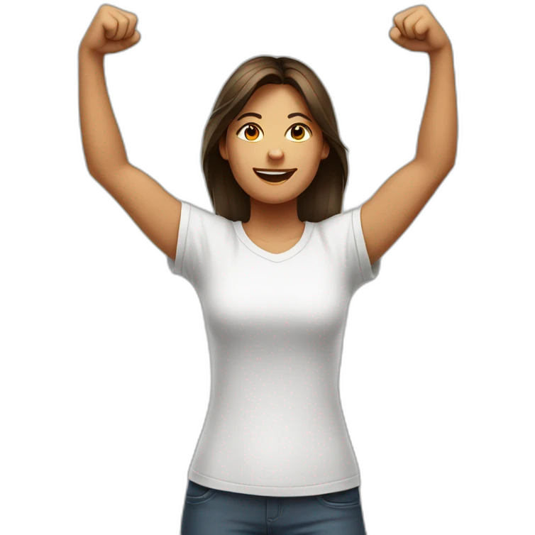 female in white t-shirt with both fists stretched high in victory emoji