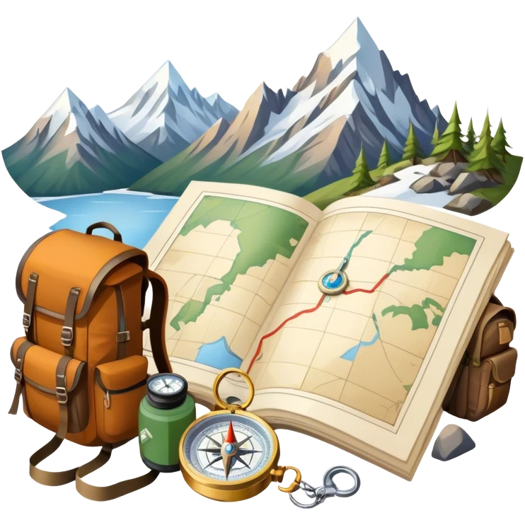 Icon for Expeditions: a compass, a map, and a backpack with trekking gear, placed on a rugged mountain terrain with snow-capped peaks. The icon should evoke the spirit of adventure and discovery in remote, unexplored places. Transparent background. emoji