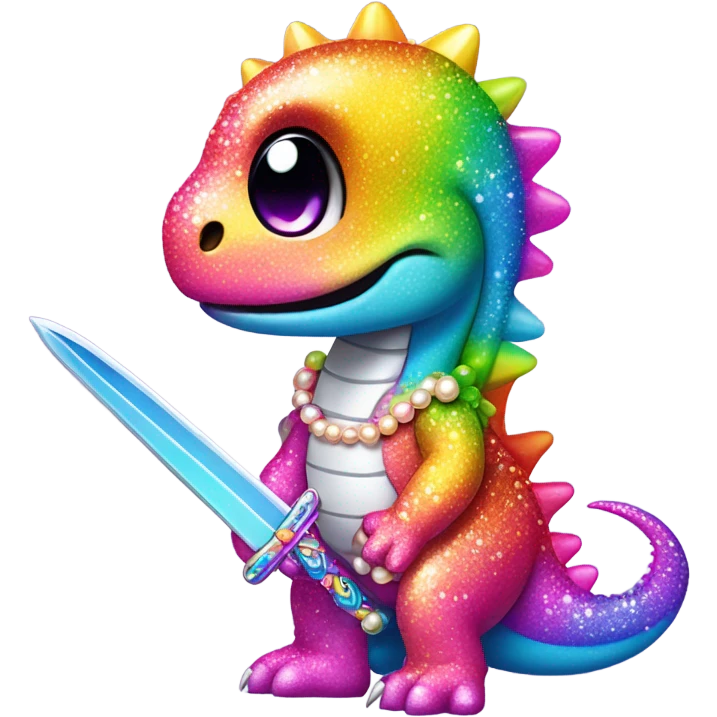 Lisa frank glitter rainbow cute dinosaur with sword and pearls emoji