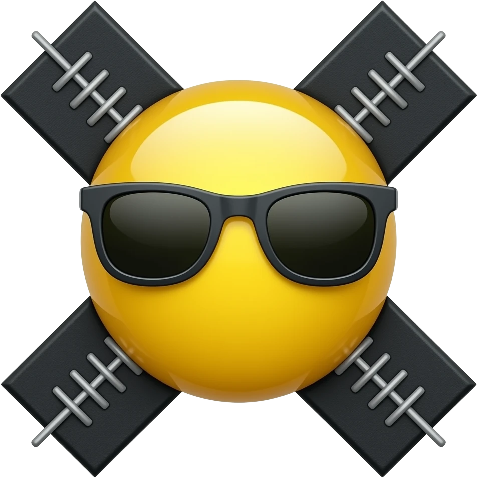 Emoji de cara redonda amarilla con gafas de sol oscuras, la luz se refleja en su superficie, . que el fondo sea negro suturas varias en forma de x emoji