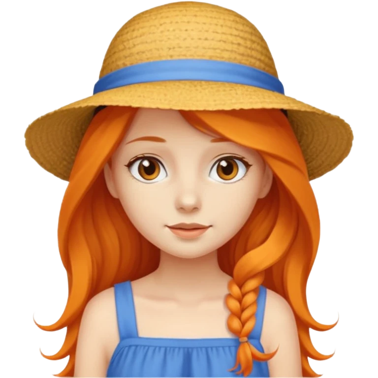 girl_wearing_summer_hat, orrange long hair, blue dress emoji