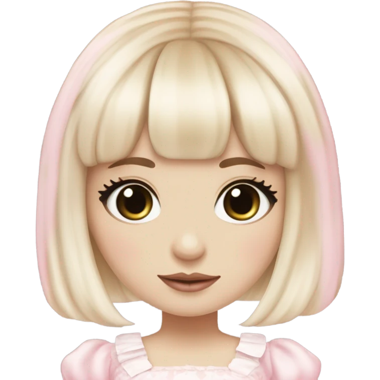 pale girl , who has straight hair blonde and baby pink swirled hair with bangs , grey eyes , and doll like makeup , in a light pink lolita hime gyaru dress  emoji