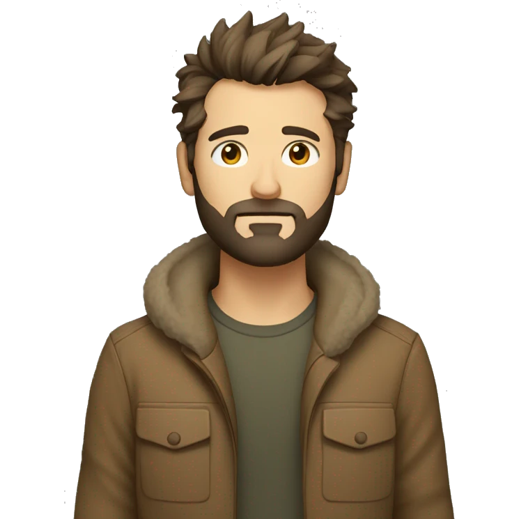 Seeious looking man with short straigh, messy hair and scruffy beard. He looks tired. Wears a brown jacket, no tie. emoji