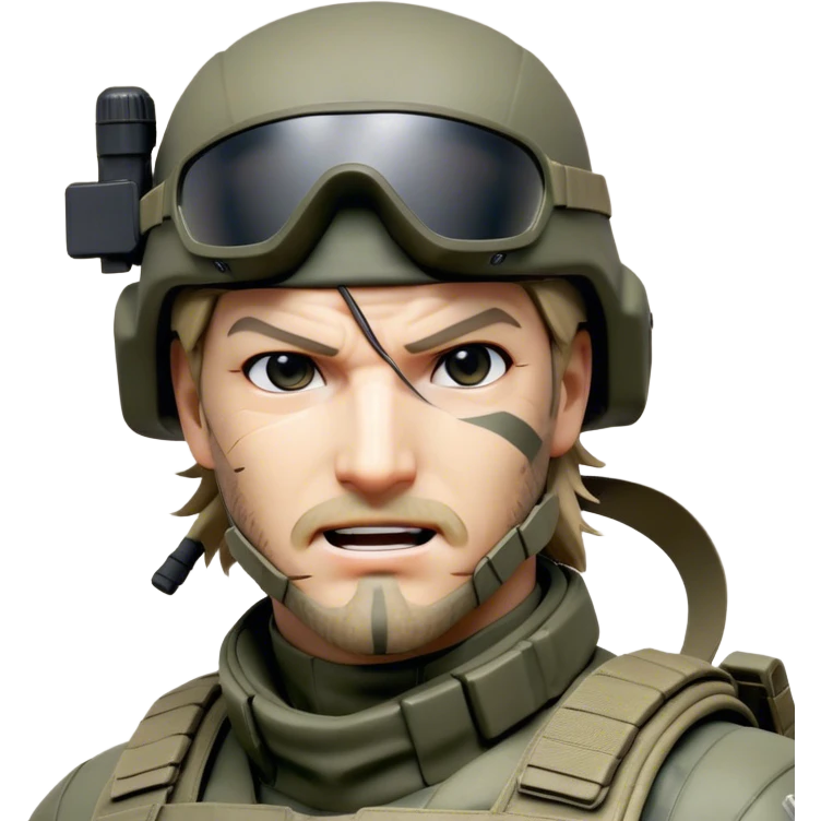 Cinematic Realistic Metal Gear Solid Snake Soldier Portrait, head tilted dramatically with an exaggeratedly amused expression, blending stealthy seriousness with a touch of unexpected humor. His rugged features, set against intricately detailed tactical gear in muted earth tones, are rendered with lifelike texture and dynamic lighting, high shine, dramatic yet whimsical, capturing the essence of a soldier whose epic covert skills are matched by a playful, irreverent spark. emoji