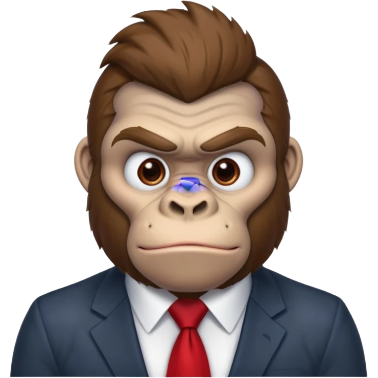 Brown haired cartoon gorilla with tufted tip of hair on the top of his head, light skin tone, heavy brows and cartoony eyes, he is a strong ape with and a red tie x💪🦍 emoji
