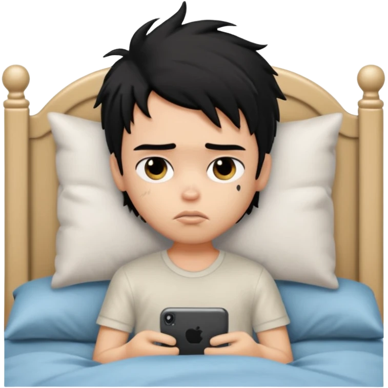 a PRETTY BRATZ boy with black messy hair, in bed, looking sad emoji