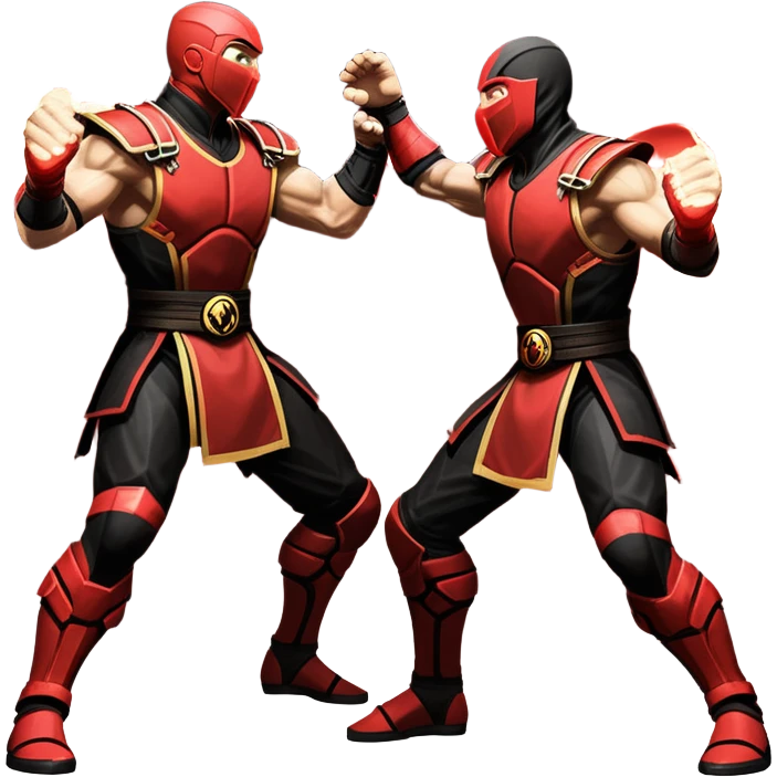An icon showing two fighters in dynamic combat poses, inspired by Mortal Kombat. One character delivers a powerful kick, while the other blocks or counters. The background features a dark arena with glowing effects, symbolizing intense battles. Transparent background. emoji