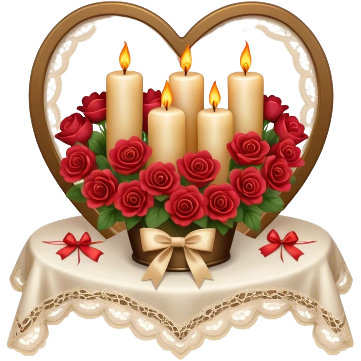 A luxurious evening setting featuring heart-shaped candles, a bouquet of warm-toned flowers, and a silk bow draped over a lace tablecloth.
 emoji