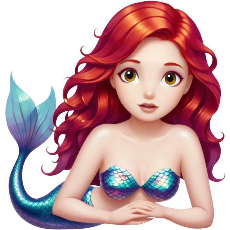 Cinematic Realistic Red Hair Mermaid Portrait, depicted with lifelike porcelain white skin that glows with an ethereal radiance, enhanced by soft underwater lighting. Her intricately detailed, flowing red hair cascades like liquid fire, framing deep, soulful eyes that mirror the mysteries of the deep sea. Accented by shimmering, iridescent scales and delicate aquatic embellishments, the portrait features an enchanting underwater glow that marries realism with mythic ocean elegance. emoji