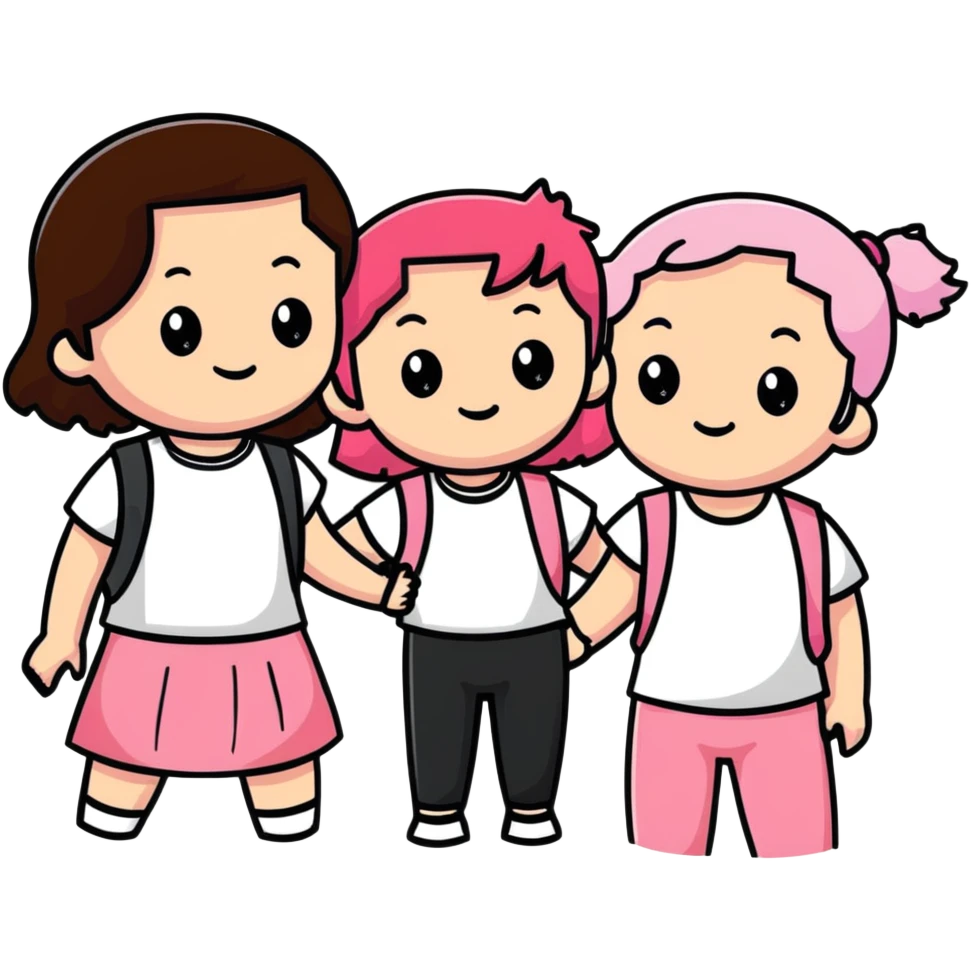 a black girl with dark brown hair next to a white girl with pink hair and a white girl with brown hair emoji